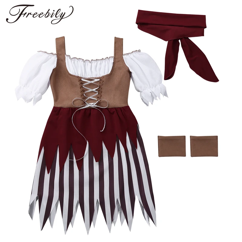 

3PCS Kids Girls Pirate Costume Short Sleeves Off Shoulder Cosplay Dress with Head Scarf Wristband for Carnival Cosplay Party