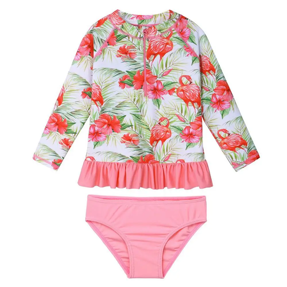 

BAOHULU Green Flamingo Pattern 2Pcs Set Long Sleeve Rash Guards Swimsuits UPF 50+ UV Protective Swimwear For 3-10 Years Girls