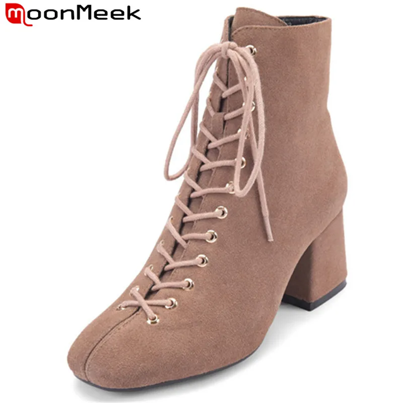 Square Zip Botas Cargadores Señoras Mujer Moonmeek Gamuza Cruz Moda Apricot Negro Botines negro Altos Atada Tacones Toe Para De Cuadrados Las Uwa78Ygqa