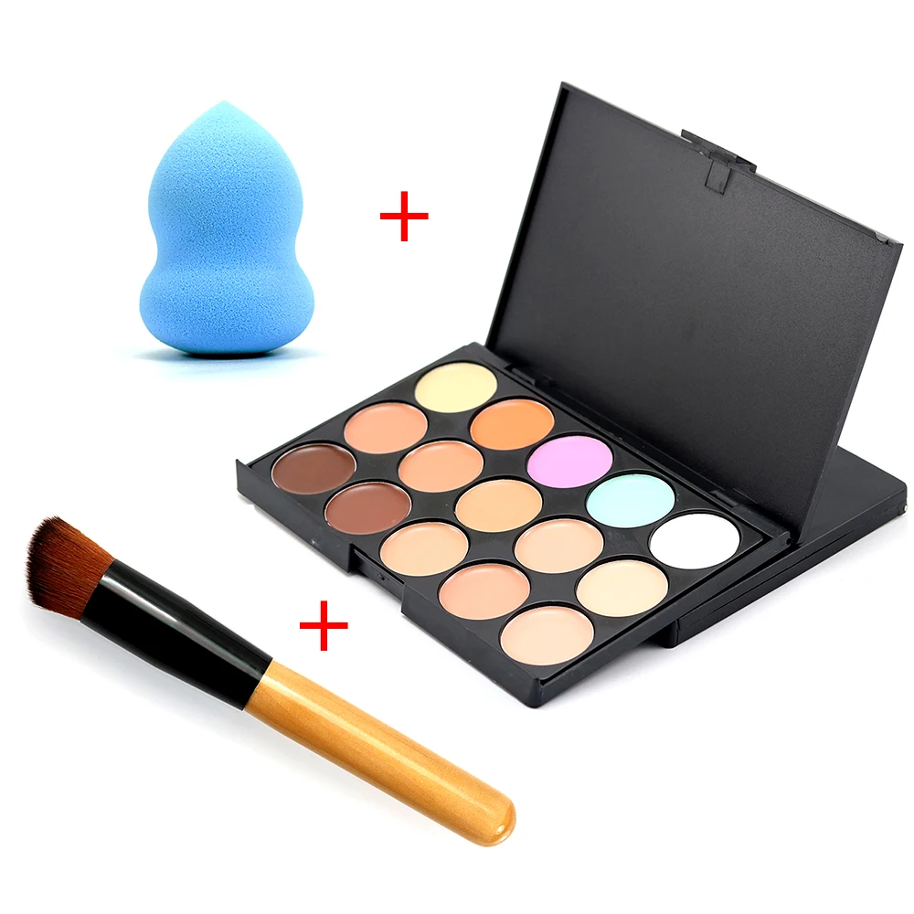 

2016 New Professional Brush Puff Foundation Cream Round Face Contour Kit Color Corrector 15 Concealer Palette Makeup Sets