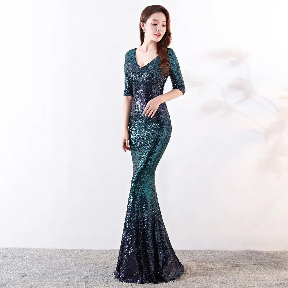 Hot Party Dress Short Sleeve Sexy V-neck Halter Long Self-Cultivation Blingbling Sequined Fishtail Dress Pink Green Slim Dress (4)