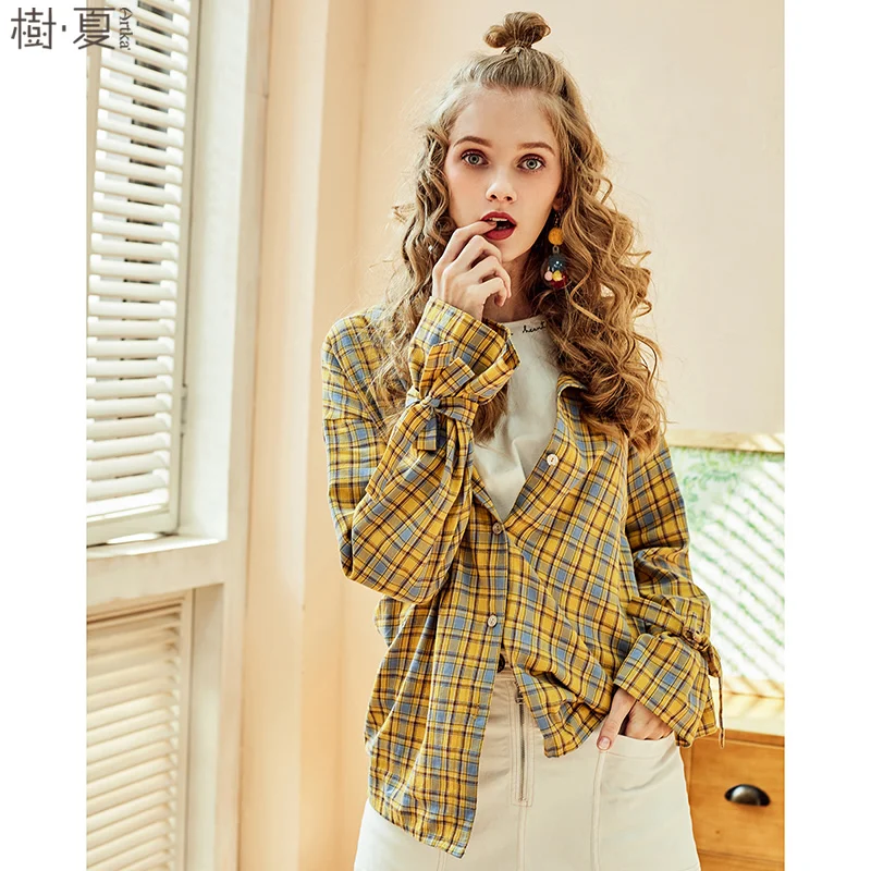 artka-2018-summer-female-new-pure-cotton-full-bow-flare-sleeve-shirt-preppy-bf-style-loose-plaid-blouse-thin-coat-sa10380c