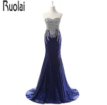 Real Sample Luxury New Arrival Blue Lace Sequined Beading Crystal Sweetheart Mermaid Formal Evening Dresses For