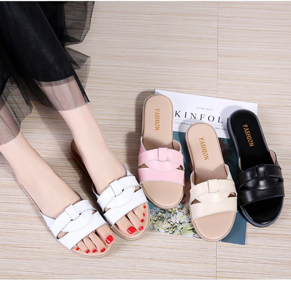 2019 Summer women slippers slip on round toe flat slides sandals women white black leather slippers flip flops slippers  (1)