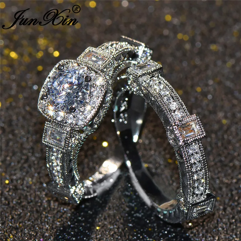 

JUNXIN Luxury Square Zircon White Engagement Ring Sets For Couples Silver Stackable Midi Rings For Women Men CZ Wedding Jewelry