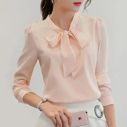 

Blusas Women Blouses Feminina Bluse Office Blouse Long Sleeve Bow Solid White/Pink Vintage Blancas Manga Larga Chiffon Camisa