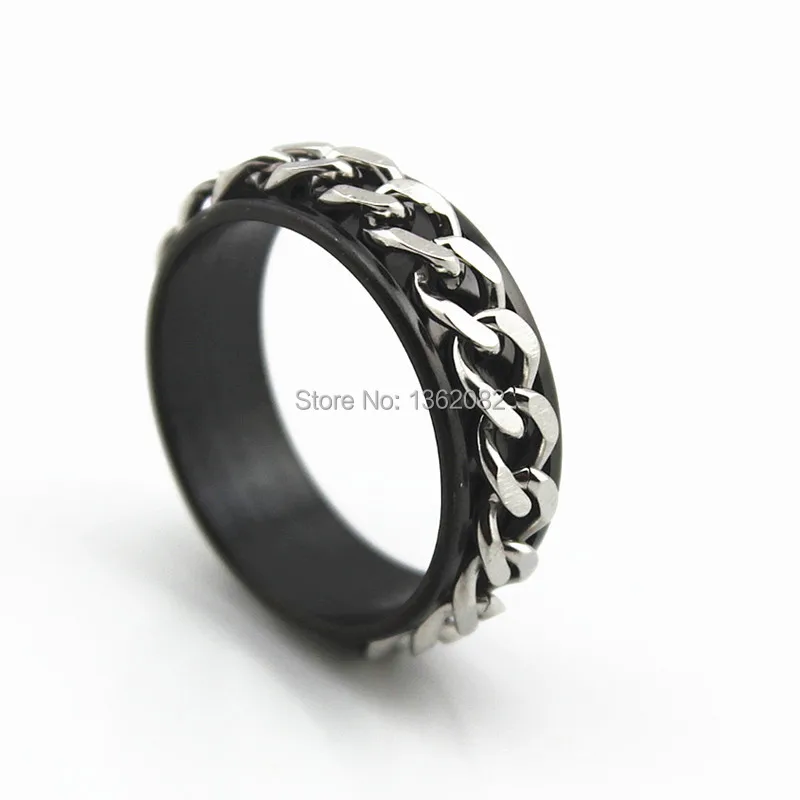 

7mm Cool Unisex Black Silver Tone Stainless Steel Rotating Chain Rings Lovers' Gift MR61