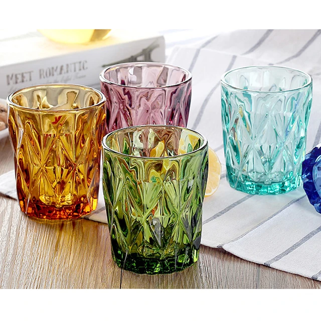 4 pcs water glass vintage Multi-Color creative relief home small