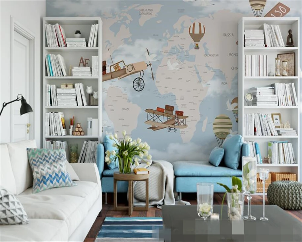 beibehang Custom children room wall 3d wallpaper hand painted spacecraft aircraft sky retro map 3d wallpaper carta da parati