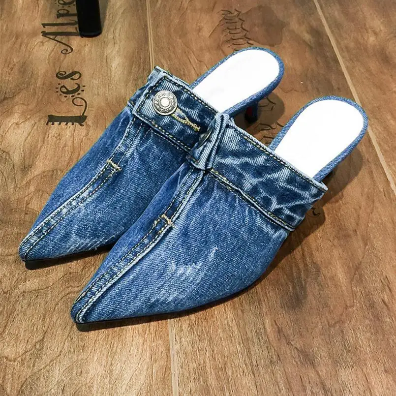 

2018 New Fashion Joker Denim Slippers Sexy Pointed Toe Button Decor With Sandals Cowboy Canvas Women's High Heels Sandals