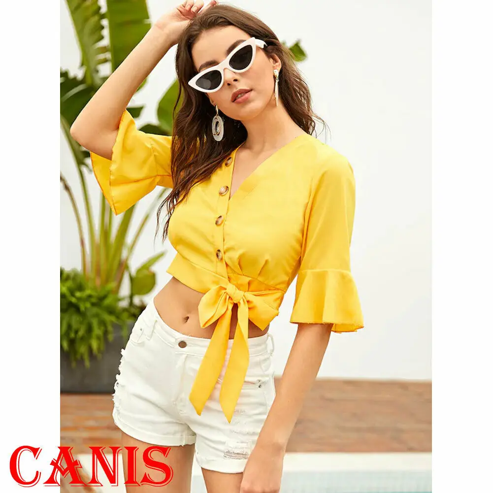 

Fashion Women Ladies Summer Casual Half Sleeve V-neck Loose Tops Shirt Bandage Button Blouse Yellow