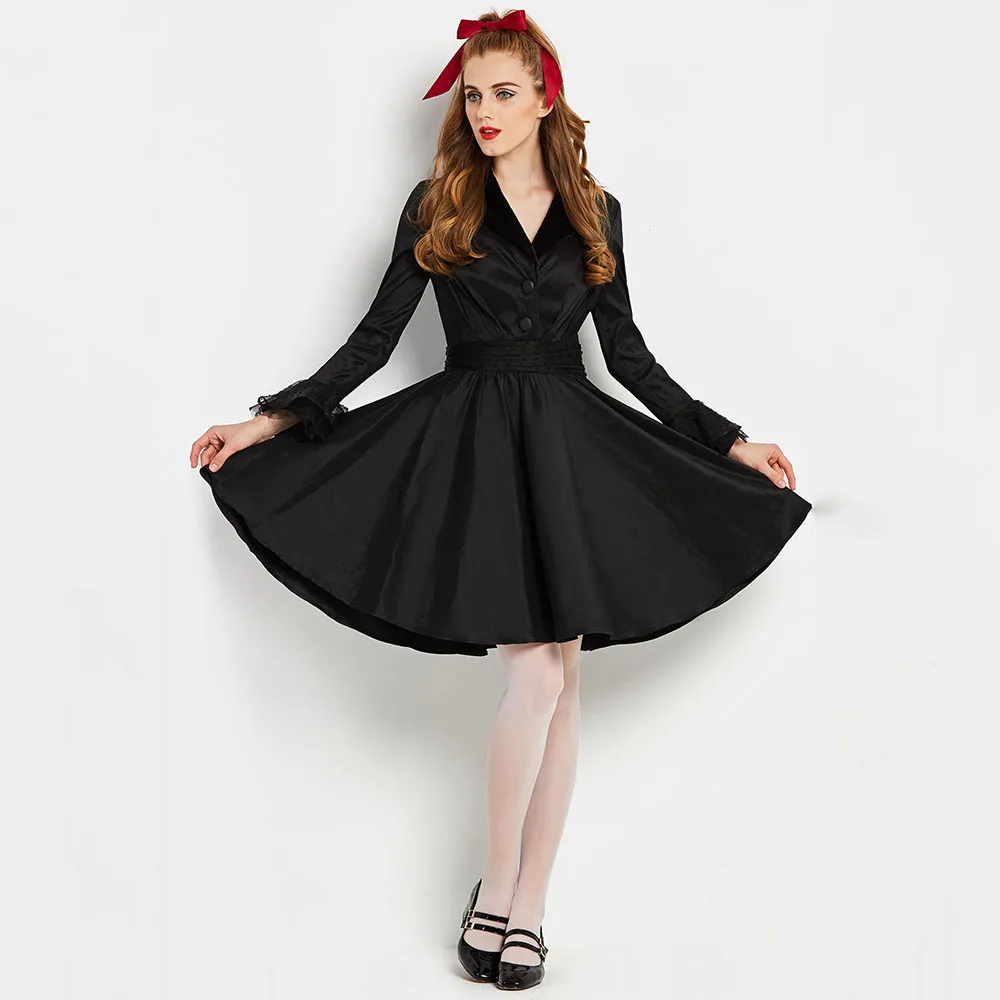 Sisjuly Хэллоуин ТРАПЕЦИЕВИДНОЕ женское платье с длинными рукавами кружевное лоскутное Черное вечернее платье винтажное Элегантное зимнее свободное платье на пуговицах