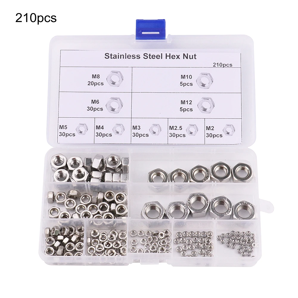 

210pcs Hex Nut M2 M2.5 M3 M4 M5 M6 M8 M10 M12 Box-packed Stainless Steel Hexagon Nuts Metric Thread Suit For Screws Bolts