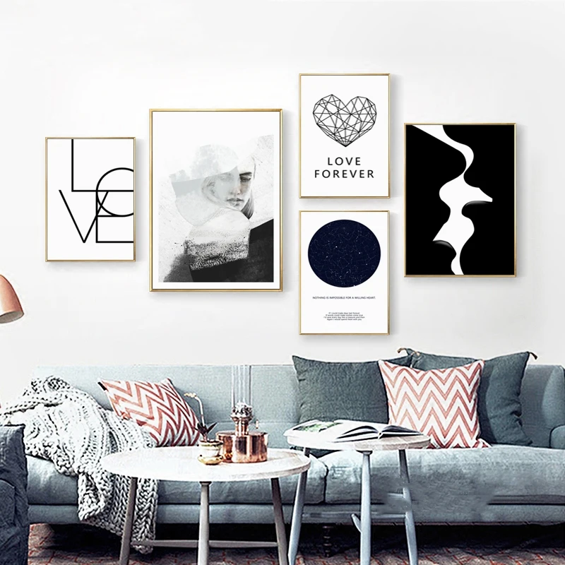 

Modular Pictures Posters Canvas Painting Black And White Abstract Kiss Love Star Charts Printed Home Decoration Wall Art Bedroom
