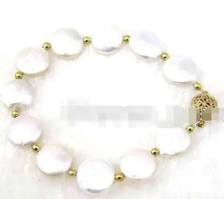 

FREE SHIPPING HOT sell new Style >>>>SALE Big 13-14MM Natural White Coin Round freshwater Pearl 7.5" Bracelet