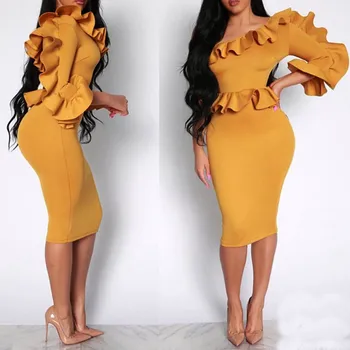 

Women Plus Size summer dress Vintage Ruffled Turtle Neck Cloak Sleeve Pencil Party Elegant 2019 Tops Explosion Dress