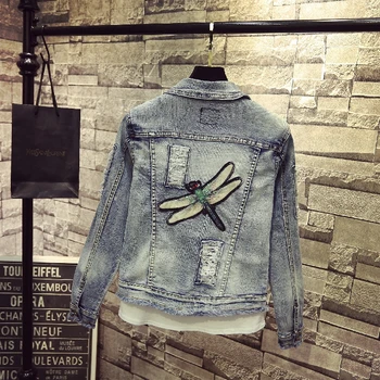 

European Style Spring and Summer Women Fashion Denim Jacket Coats Lady Personality Hole Lotus Dragonfly Cowboy Thin Jean Jackets
