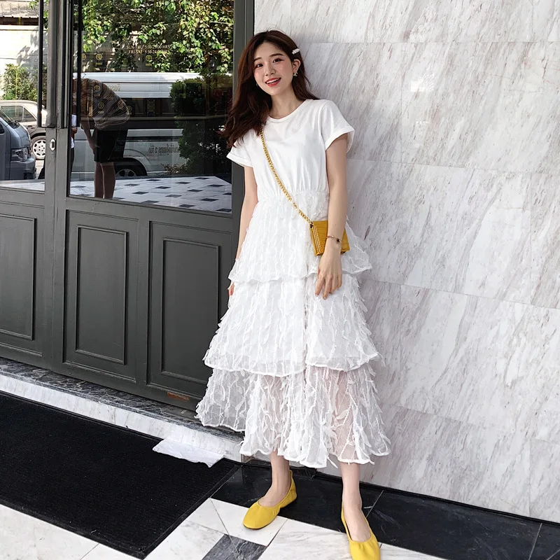 LANMREM 2020 New Fashion Short Sleeve Patchwork Lace Hemline High Waist White Dress For Women Female's Clothing Vestido YG80600 | Женская