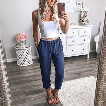 

Summer women's casual solid color high waist nine pants cotton linen loose elastic pants straight nine points harem pants