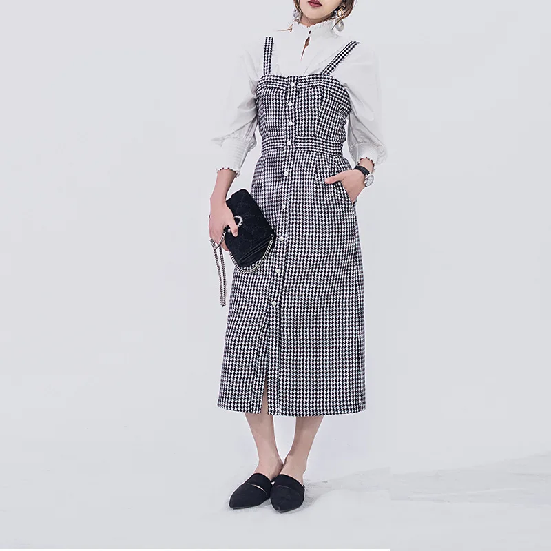 

2019 Spring Bird Strap Slim Dress Sleeveless Vest dress Slash Neck Spaghetti Strap Sleeveless Plaid dress Women Clothes