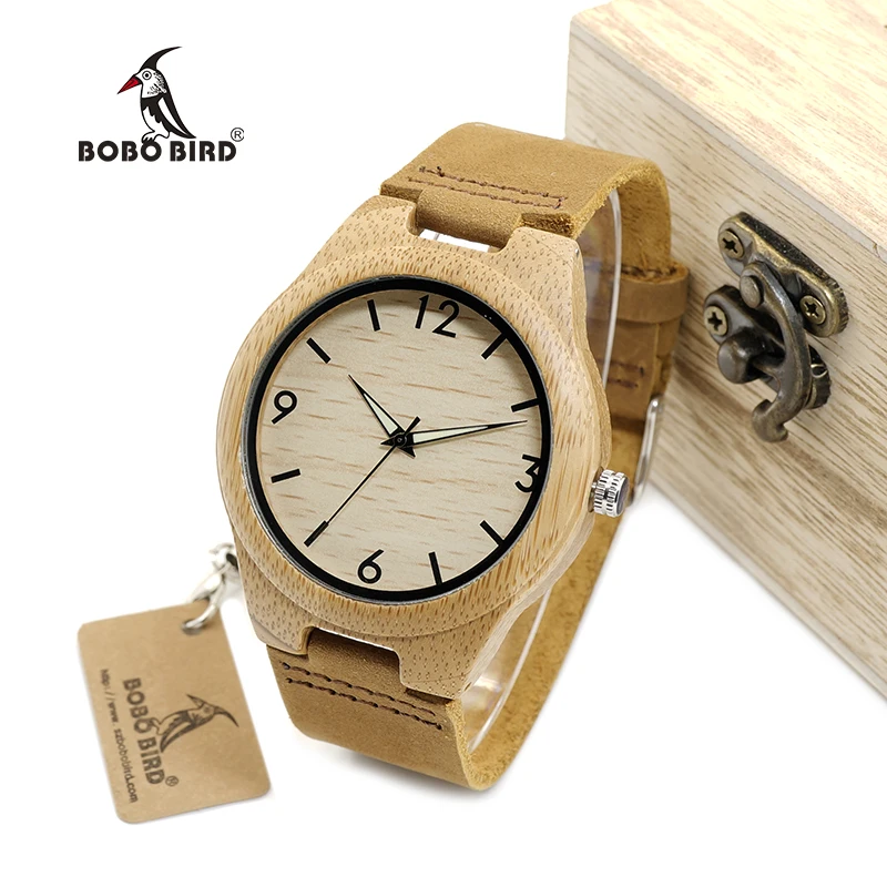BOBO BIRD Bamboo Men Watches With Night Light Pointer Real Leather Quartz Watch relogio masculino Gift for Man Accept Logo W-A40