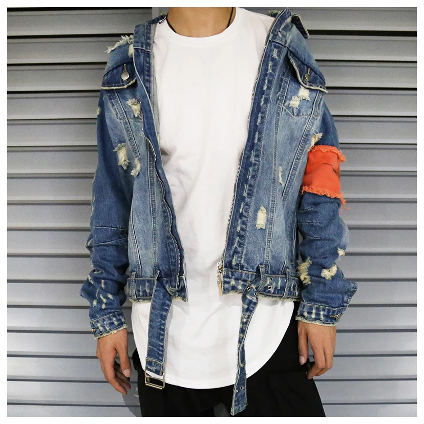 2018 рваные Ленты джинсовые куртки мыть лоскутное Distressed Denim человек Slim Fit уличной