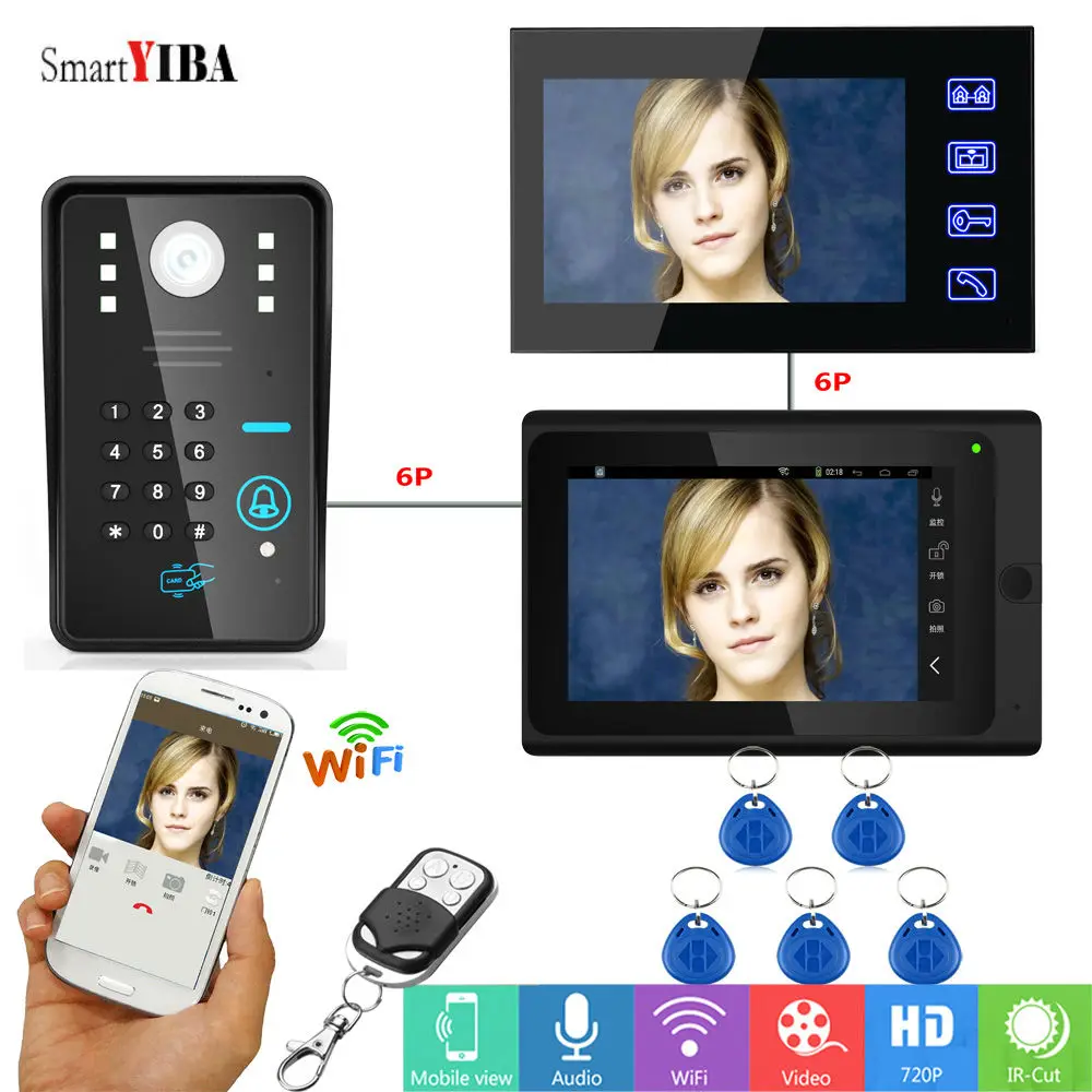 SmartYIBA 7 "ЖК-дисплей RFID пароль видеодомофон видео видеодомофона комплект APP дистанционного 1 Камера 2 Мониторы видео-дверной звонок WI-FI с