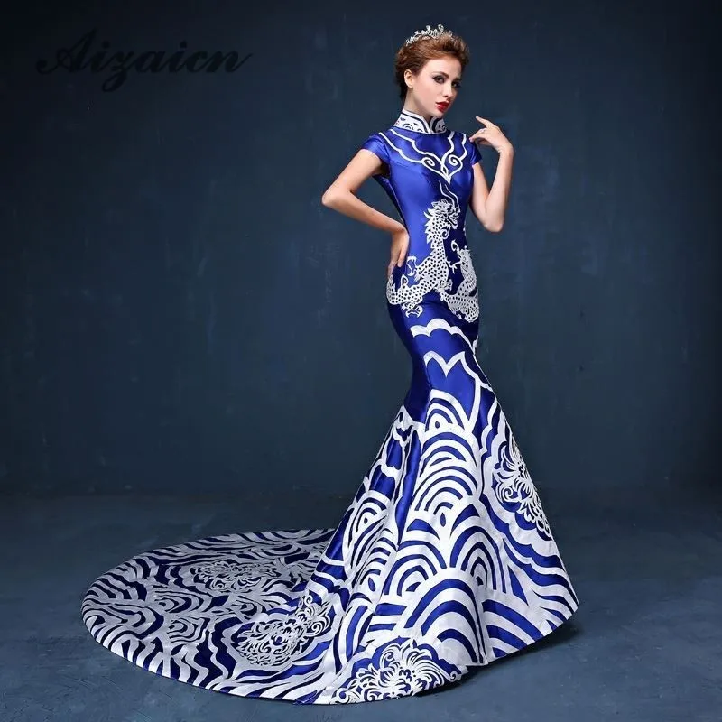 Русалка Восточный стиль вечерние платья длинное китайское платье для женщин черный Qipao Дракон одежда Cheongsam дизайн на заказ - Цвет: 6