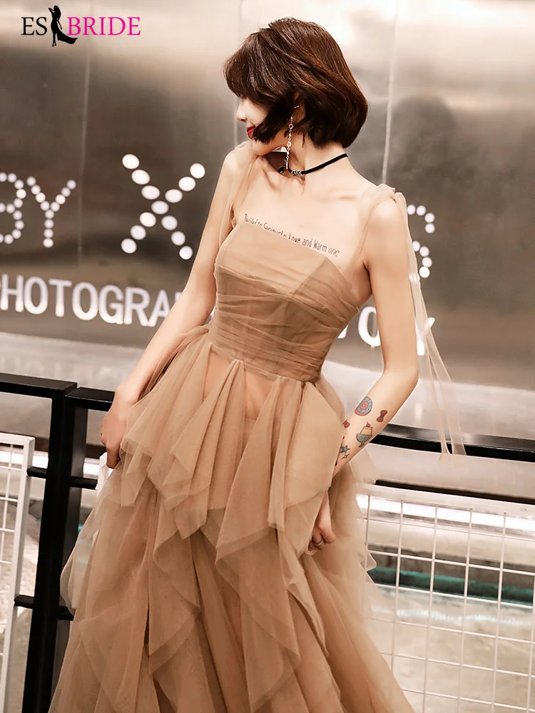 Luxury Champagne Evening Dresses Long Sexy Sleeveless Evening Dress Arabic 2019 Student Party Formal Dress Women Elegant ES2421