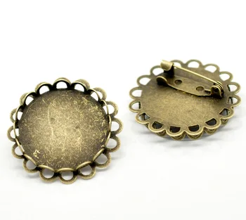 

50Pcs Bronze Tone Back Pin Round Flower Cabochon Setting Brooches Support de Broche 32mm(Fit 25mm)