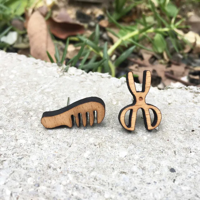 Scissors and Comb Laser Engraved Wood Earrings Combs Wooden Stud Hair