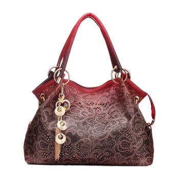 

women handbag leather hollow out bags color gradient tassel bag ladies portable shoulder bag(Red)
