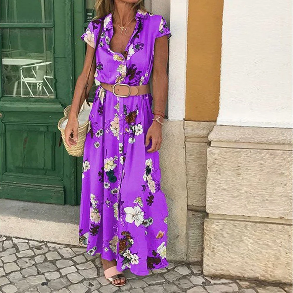 Женское платье с цветочным принтом Boho длинное пляжное коротким рукавом на