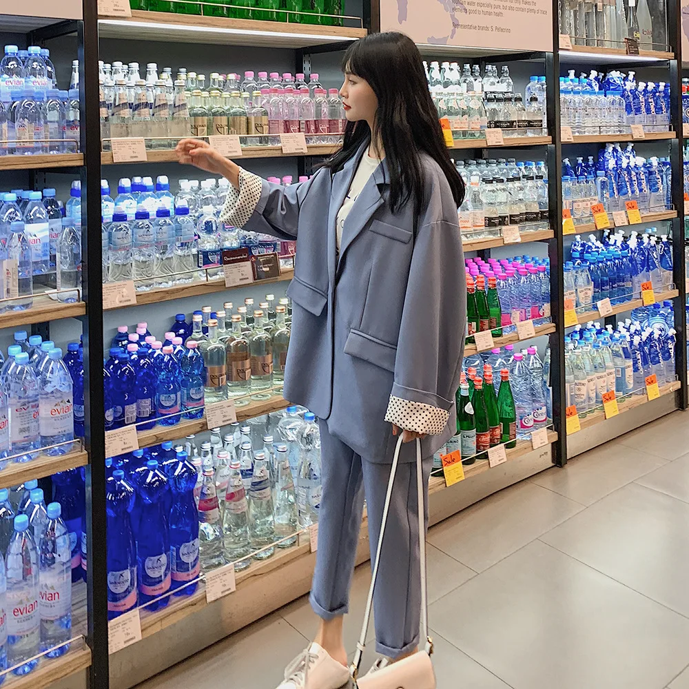 Set female pants suit 2019 new small suit Korean version of the large size loose casual suit jacket Slim nine pants two sets