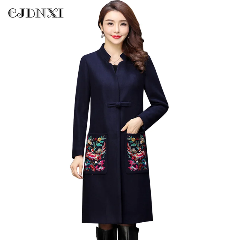 Embroidered Winter Wool Coat Women Woolen Coat Cashmere Jackets