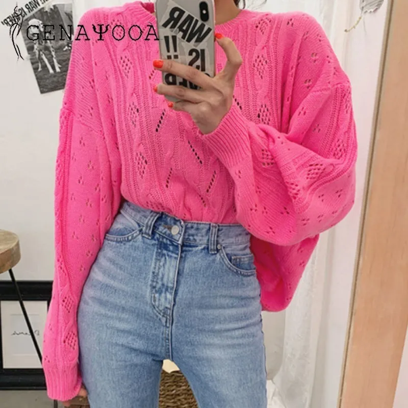 

Genayooa Women Knitted Sweater Pullover Loose Casual Jumper Womens Long Sleeve Hollow Out Jumpers Ladies Fluorescent Sweater