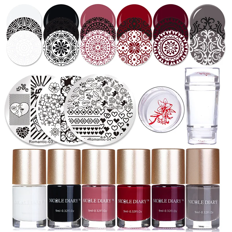 

NICOLE DIARY Stamping Polish Image Plates Set Valentine Stamp Plate Printinting Polish Clear Stamper Scraper Nail Art Tools Kit