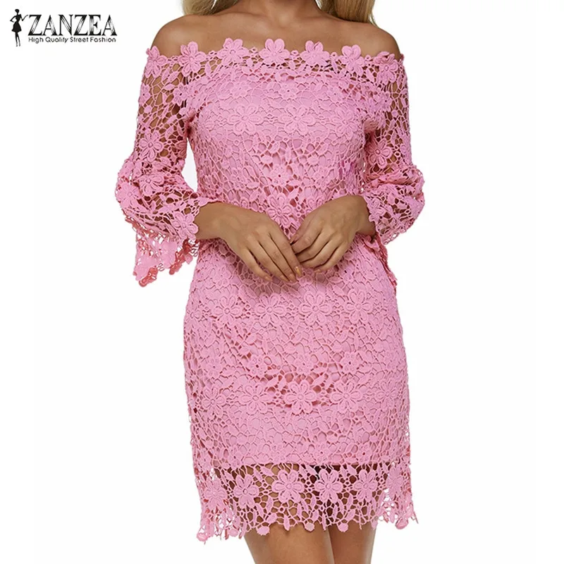 ZANZEA, женское мини-платье, летнее, сексуальное, из кусков, кружевное, однотонное, с открытыми плечами, с вырезом лодочкой, с расклешенными рукавами, платья для вечеринок, элегантное платье