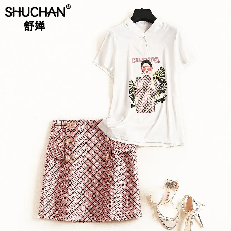 

Shuchan Chinese Style White Print Tops+skirts Womens Two Piece Sets Summer Summer Suit Female Ensemble Femme 2 Pieces Jupe 51498