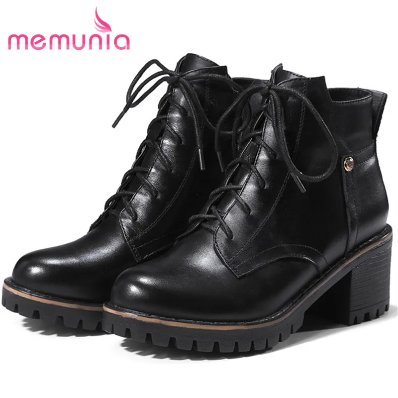 

MEMUNIA 2018 Genuine leather boots female platform shoes woman in spring autumn ankle boots for women lace-up big size 34-42