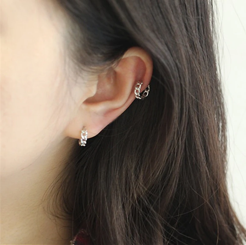 

S925 sterling silver earring simple chain N chain ear bone braided twist wild ear ring fashion men women girl silver ear jewelry