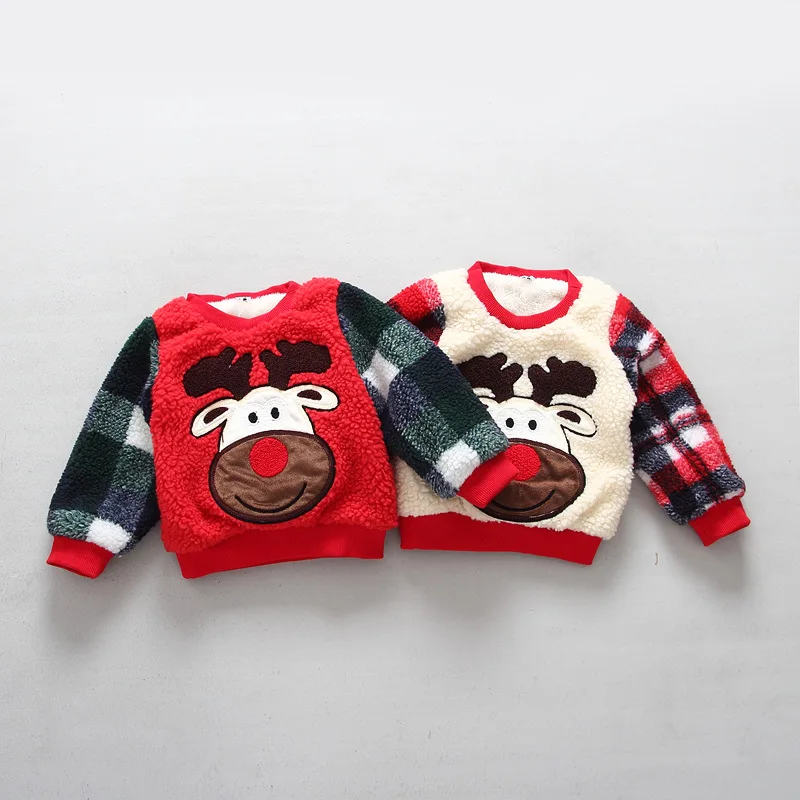 2016 Christmas Deer pattern lamb velvet plus long sleeved baby sweatshirt boys winter wool girls clothes