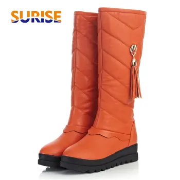 

Big Size 43 Winter Women Snow Boots 4cm Flat Platform Heel Round Toe Tassel Casual Vacation PU Leather Plush Half Mid-calf Boots