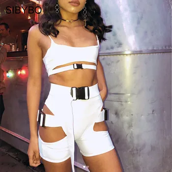

Sibybo Hollow Out Buckle Skinny Sexy Playsuit Women Strap Sleeveless Summer Two Piece Set Women Beach Casual Short Jumpsuit