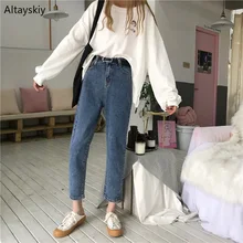 Женские джинсы, прямые, Ретро стиль, простой корейский стиль, свободные, одноцветные, подходят ко всему, трендовые, повседневные джинсы для женщин, s Kawaii, для отдыха, с карманами, шикарные, Новинка