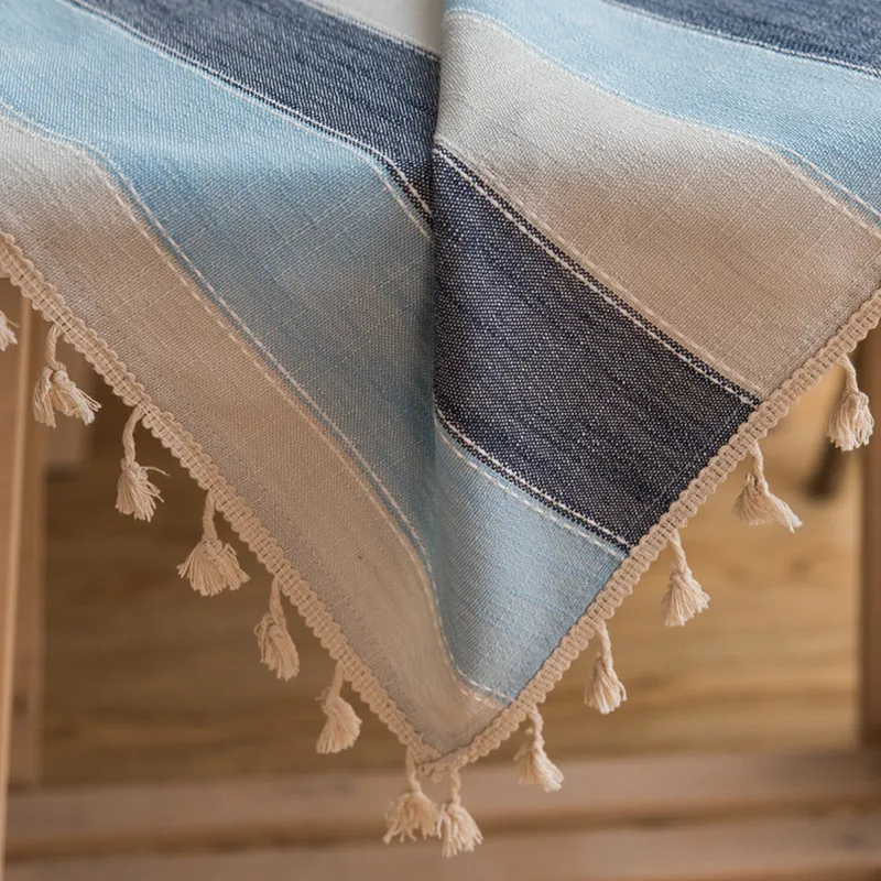  ROMANZO Thick Yarn-Dyed Linen Fabric Blue Gray Strip Tassel Tablecloth Hotel Christmas Decoration C