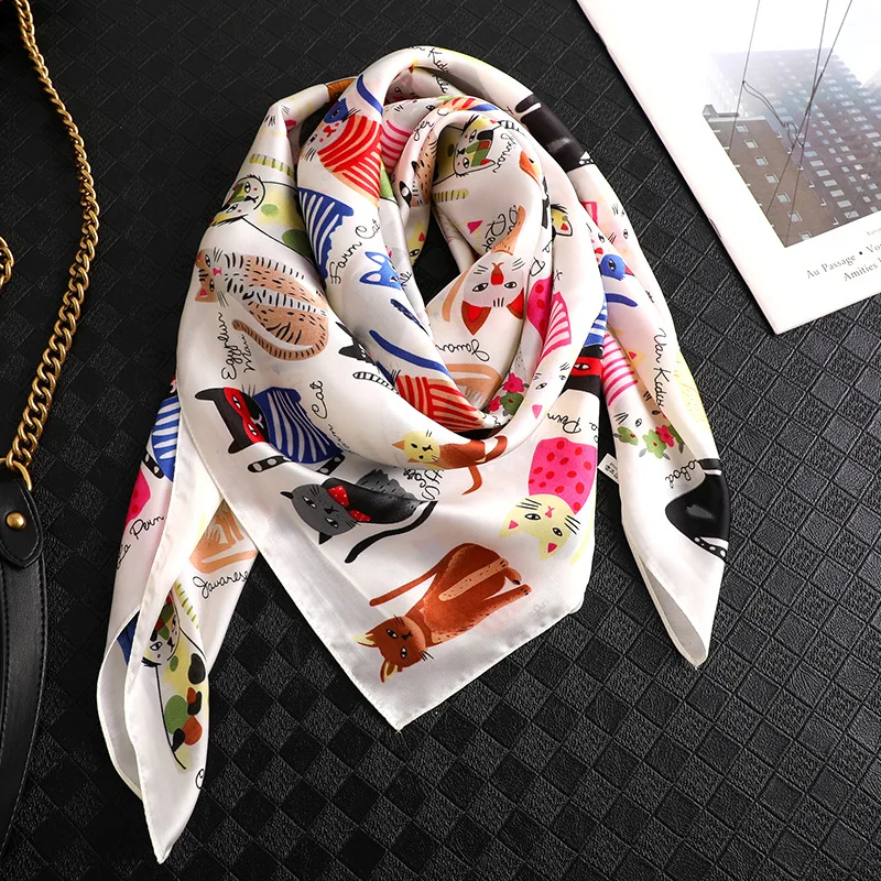 

2019 New Women Fashion Square Scarf Cat Print Silk Scarves and Wrap Ladies Retro Spring Summer Office Hair Neck foulard