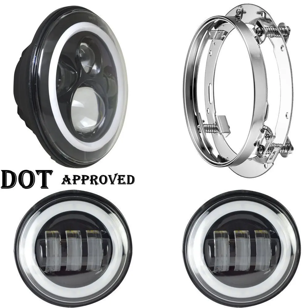 7" Led Projection Moto Headlight Angle Eyes With Drl Halo + 2pcs 4 1/2