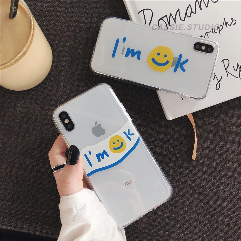 

Cute Smile Face Painting Phone Case For iphone 6 6S 8 7 plus X XS XR XSMax Cases Simple Letters Soft Cover TPU Transparent Capa