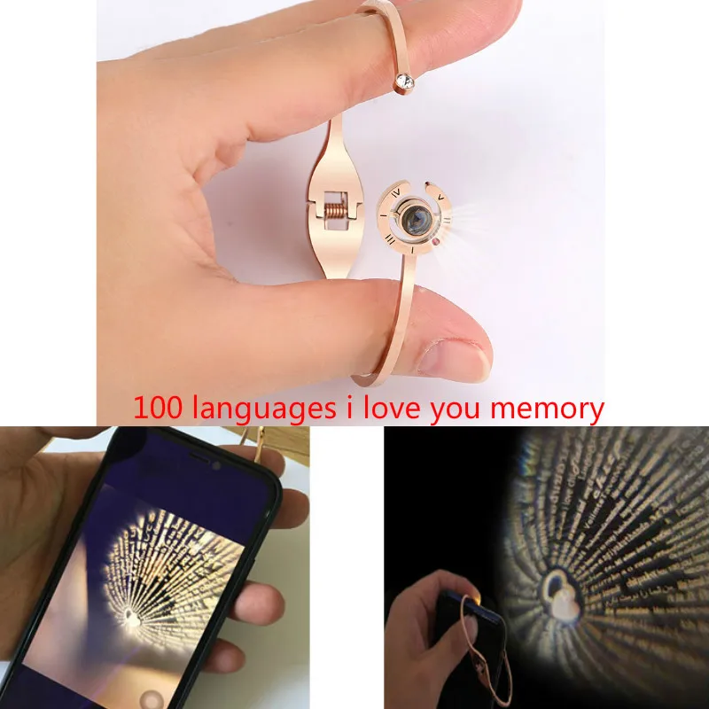 

Fashion Women 100 Languages I Love You Bracelet Memory Steel Rose Gold Roman Numerals Crystal Fashion Charm Bracelet Open Bangle